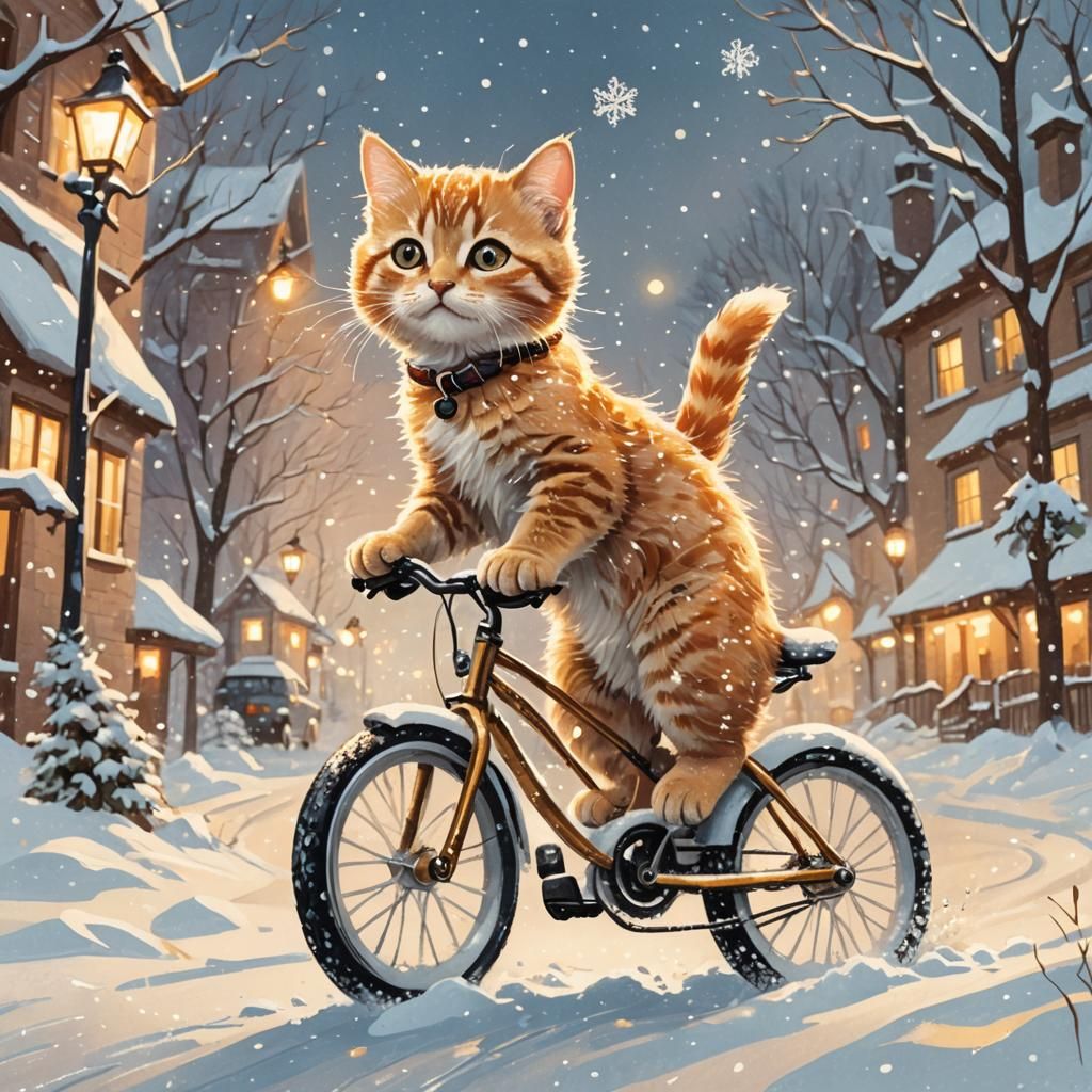 Kitten Rides Bike in Snowy Landscape Illustration