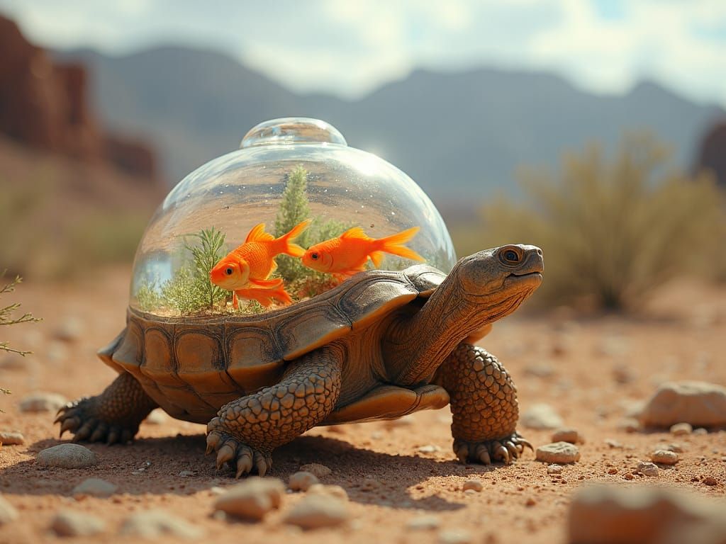 Crystalline Tortoise Walks Through Desert Landscape