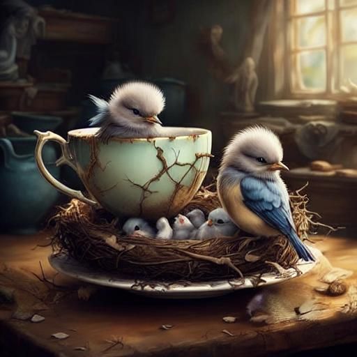 A little pair pretty birds and babies in a nest in a teacup ...