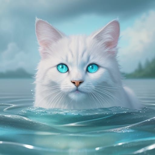 Ethereal Water Cat Fantasy Art in Watercolor Style