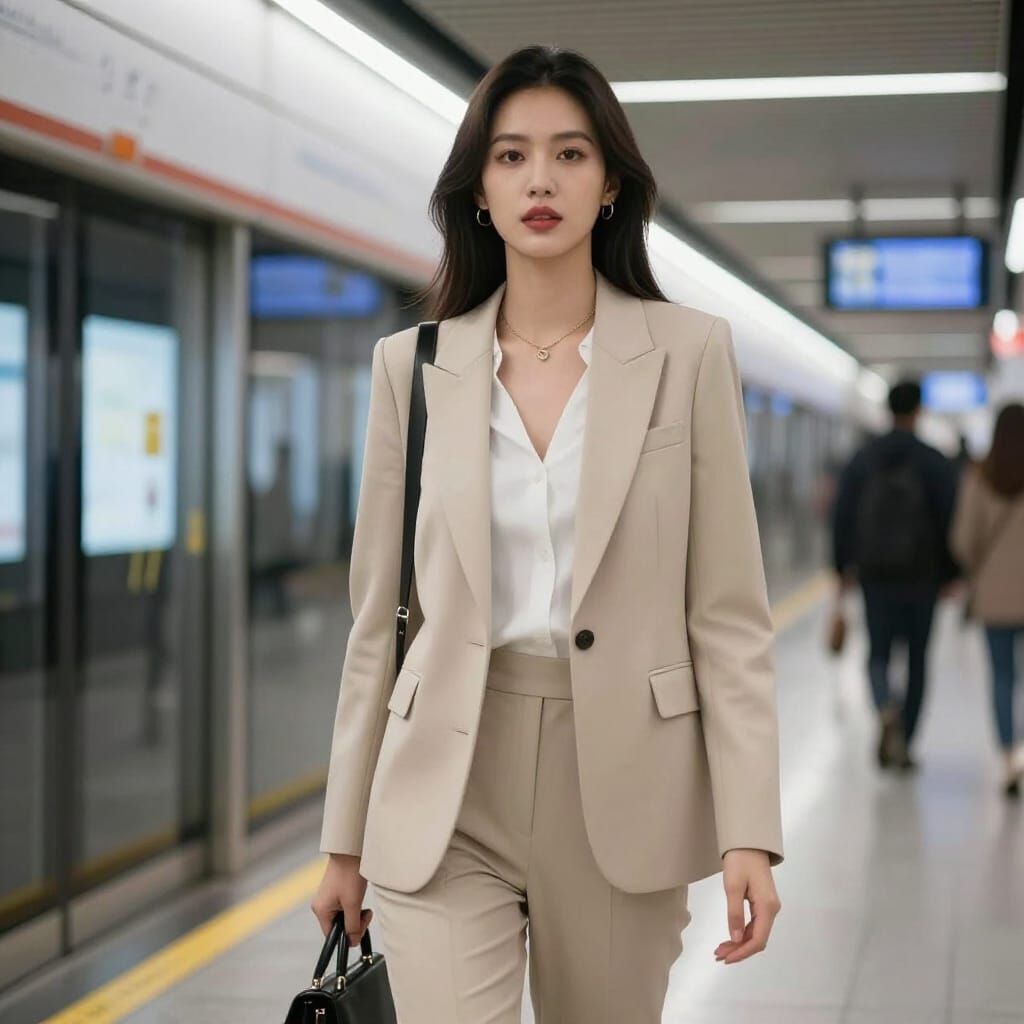 Woman in Beige Power Suit on Subway Platform