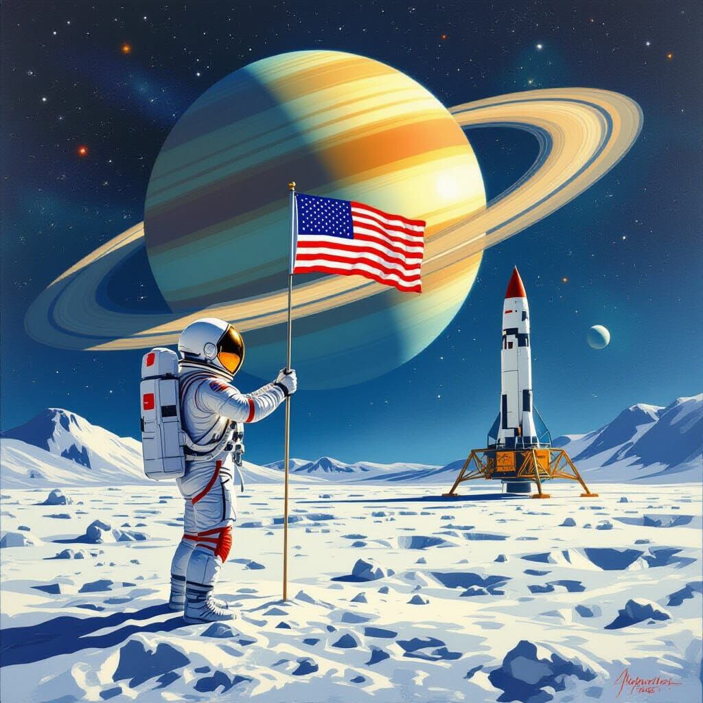 Astronaut Plants Flag on Moon with Saturn