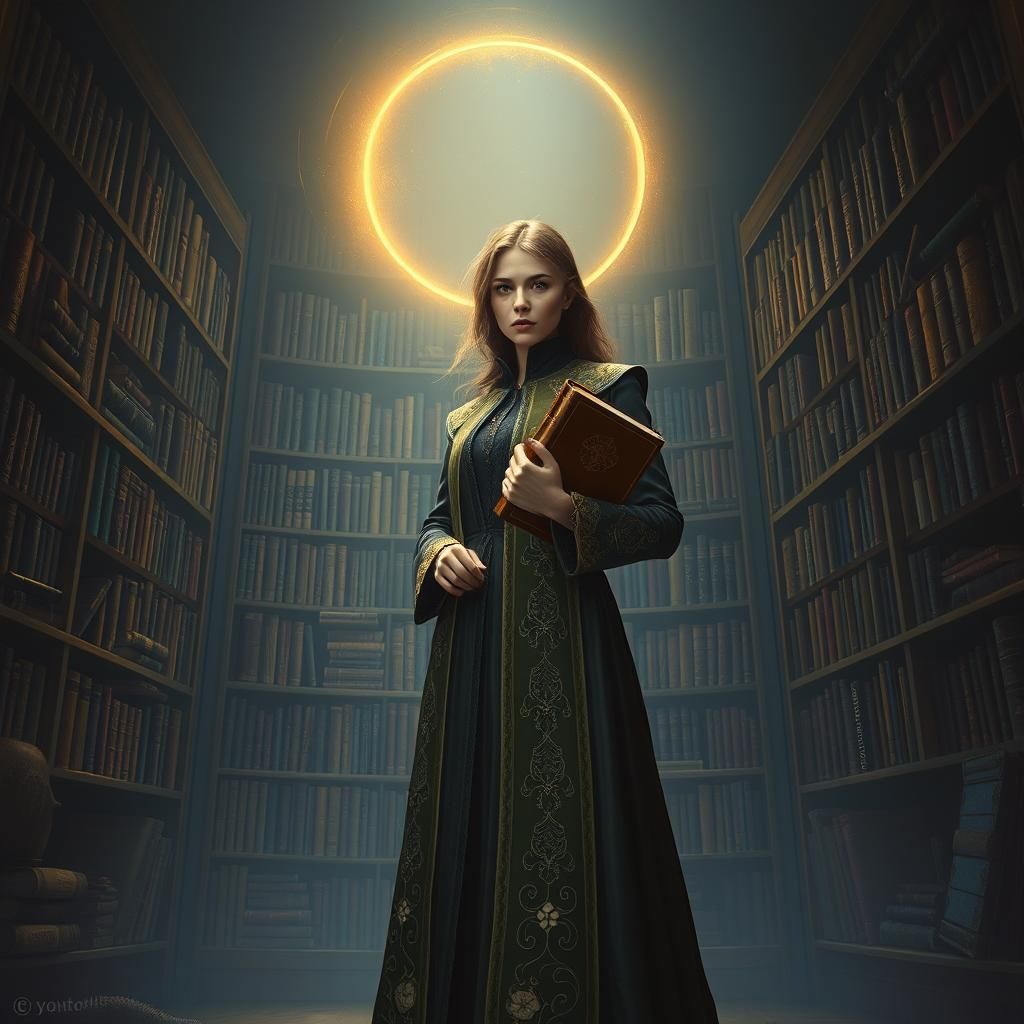 Mystical Bookshelves with Woman in Golden Light