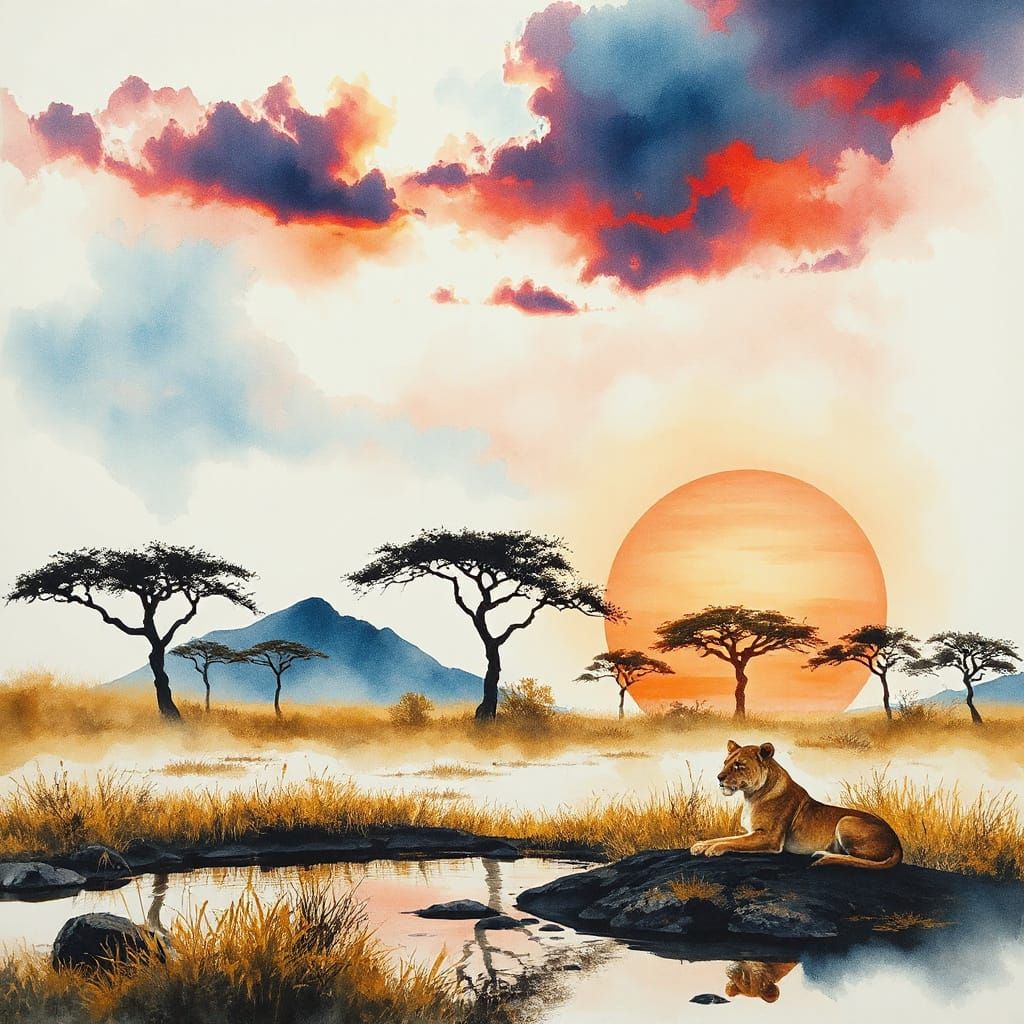 African Savannah Lodge at Sunset in Sumi-e Style