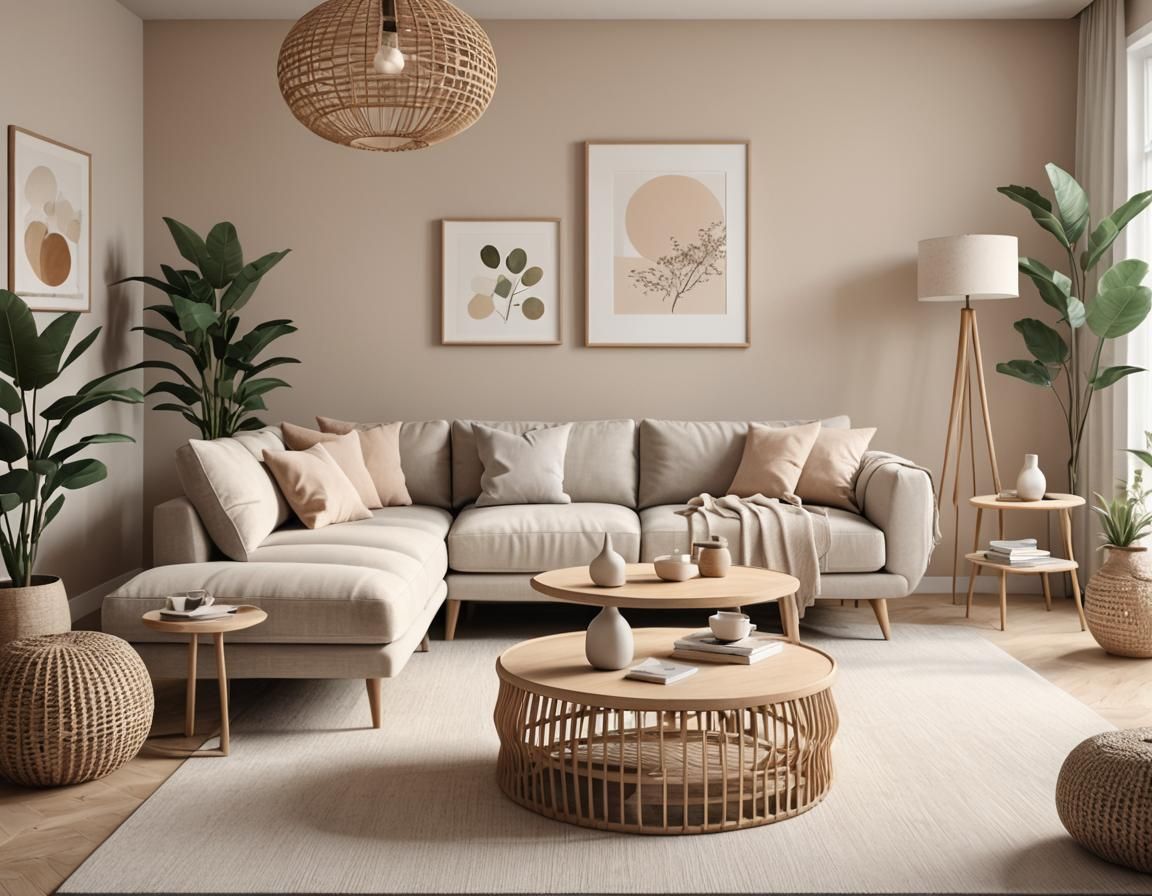 Elegant Scandinavian Living Room with Rattan Decor, 3D Rende...