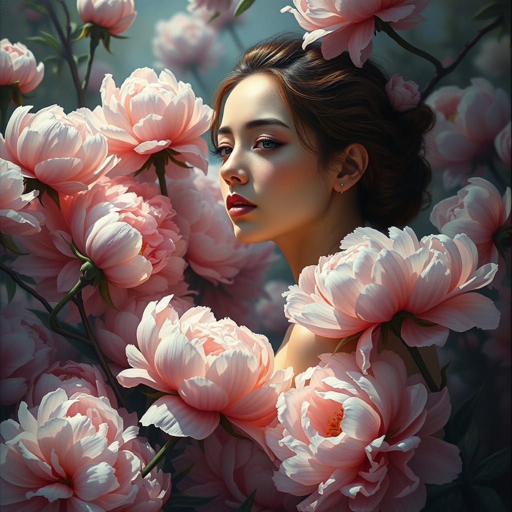 Ethereal Woman Amidst Vibrant Peonies in a Dreamlike Digital...