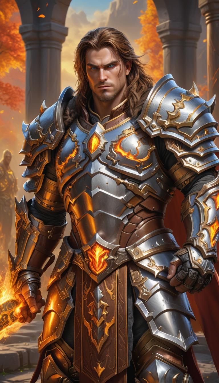 Epic Paladin in Fiery Landscape, Warcraft Style