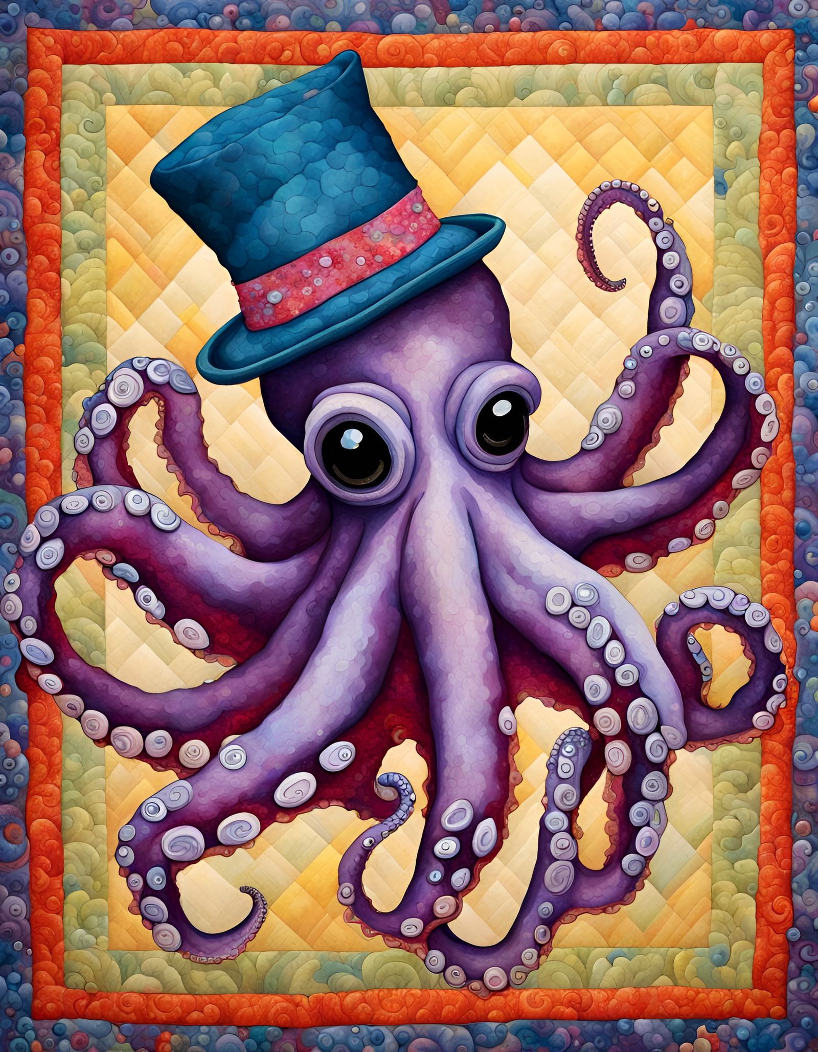 Octopus with Hat on Quilt, Detailed Vivid Painting