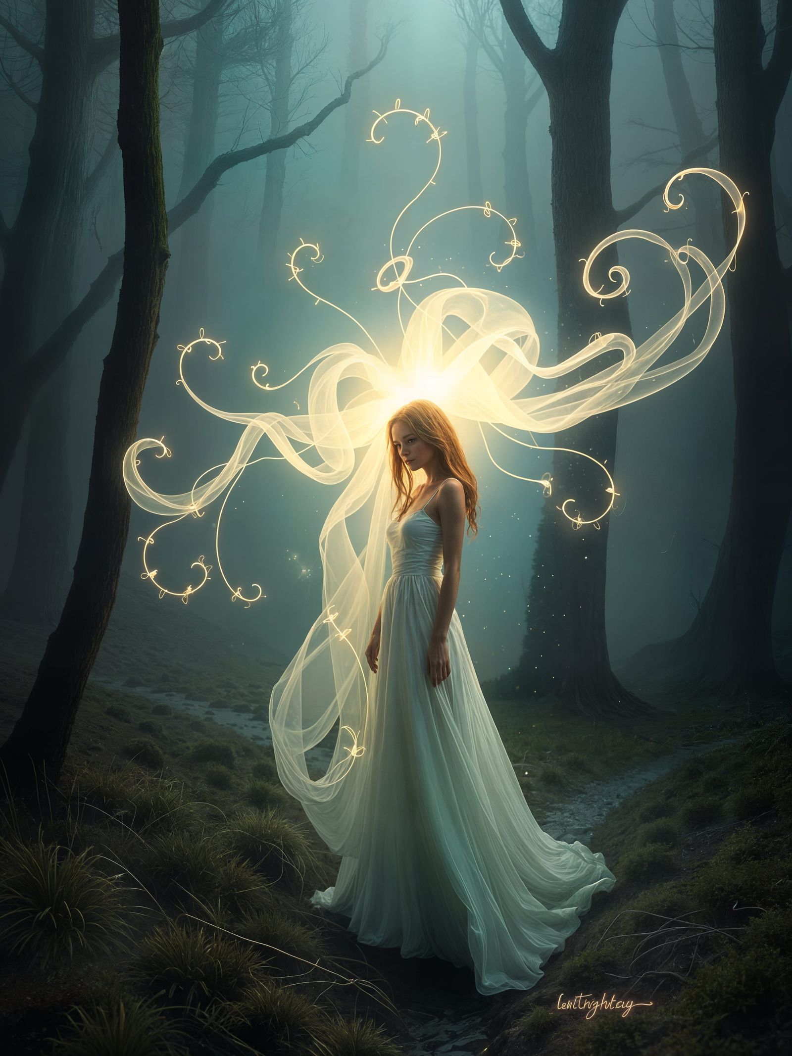 Ethereal Neon Tendrils in a Futuristic Landscape