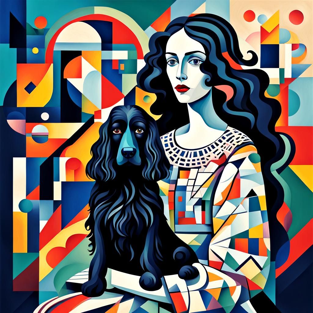 Cubist Woman with Dog in Geometric Fauvism Style