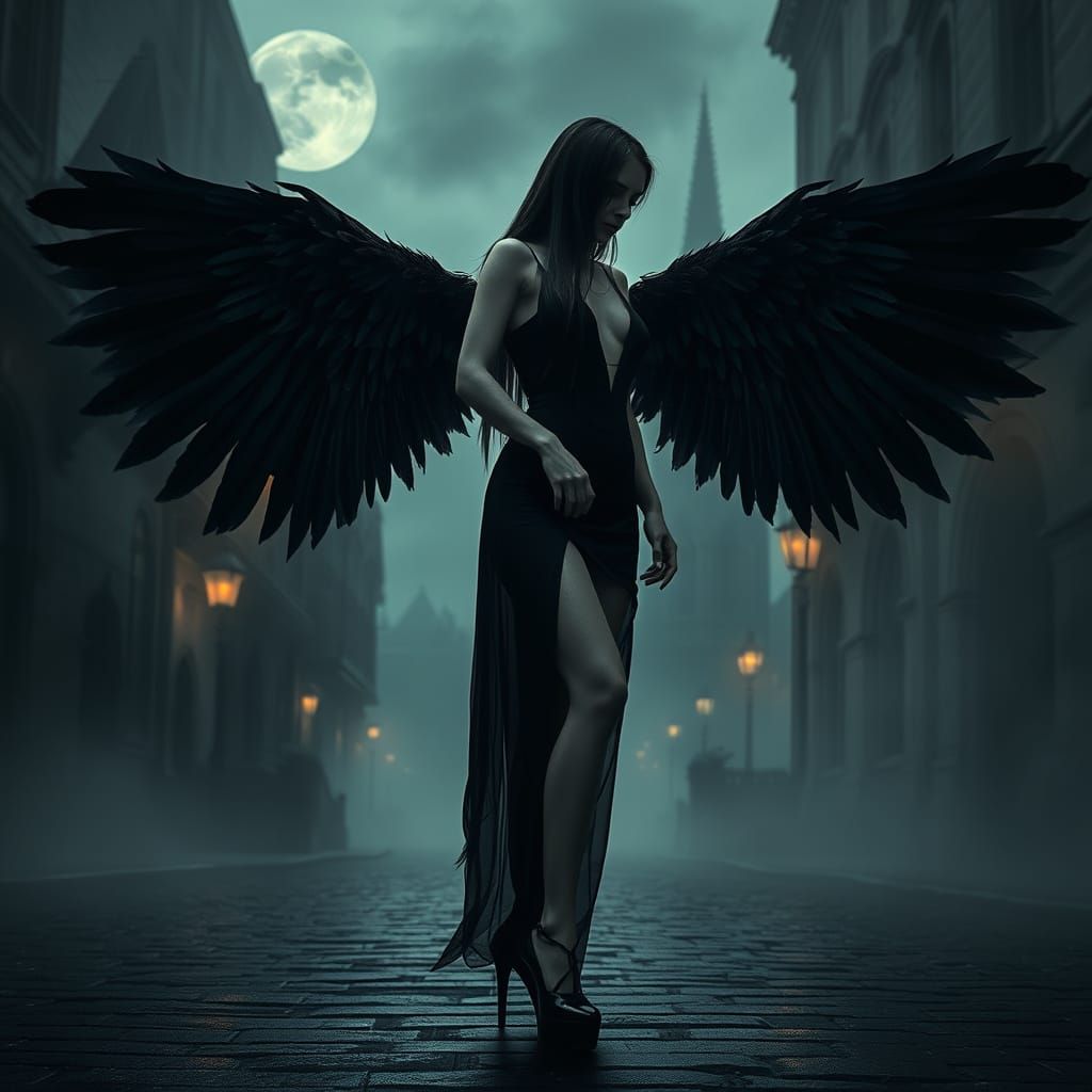 Gothic Angel in Foggy London Streets