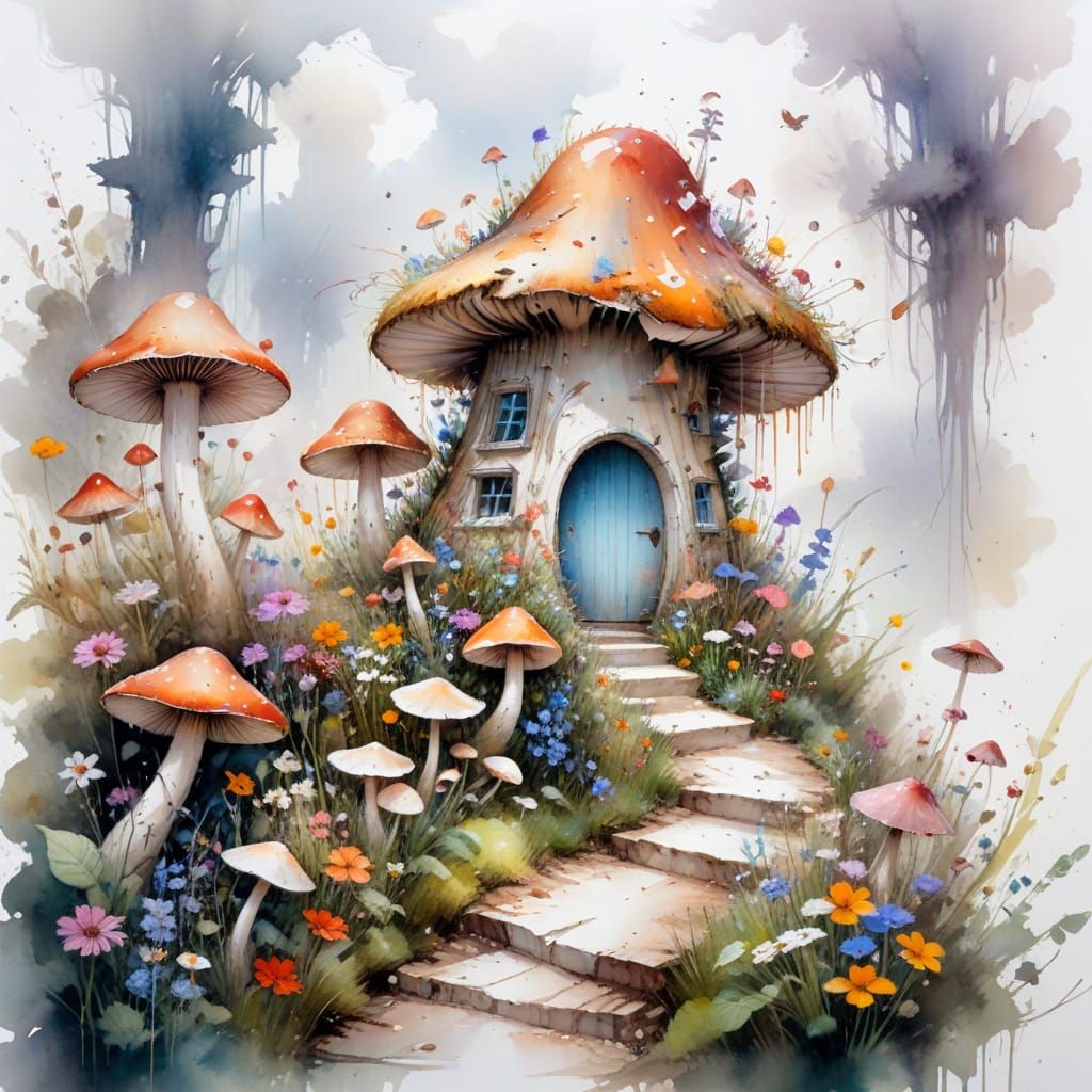 Fairytale Mushroom House Path in Watercolor Style