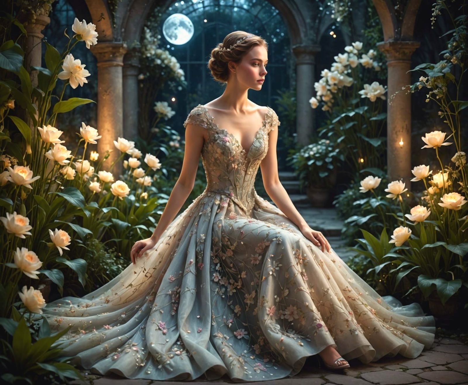 Chic Woman in Floral Gown in Moonlit Garden