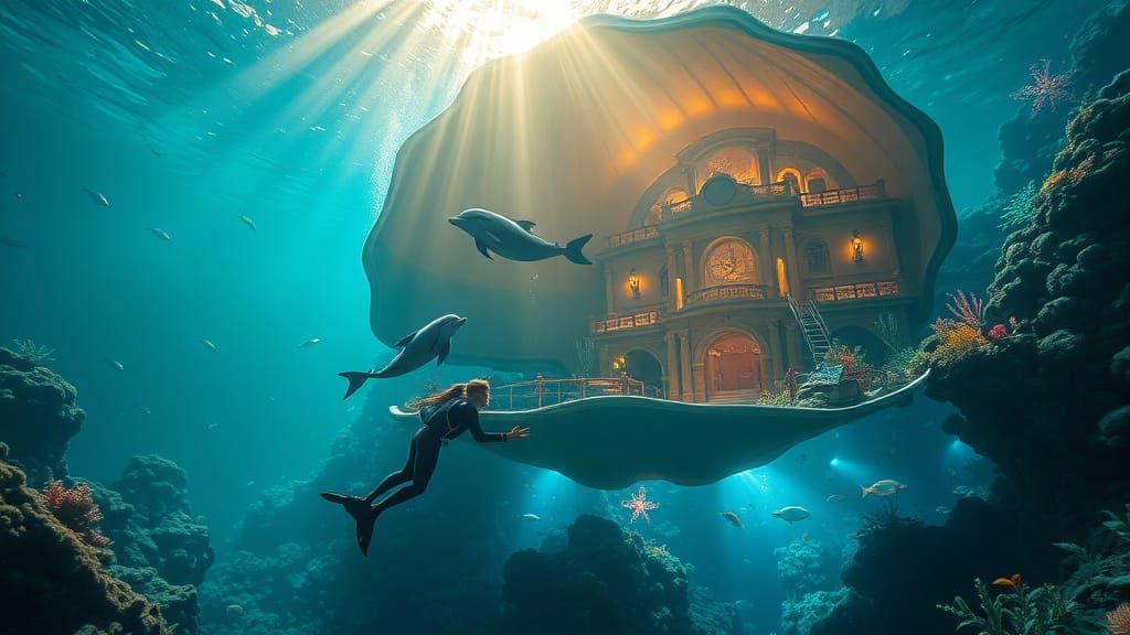 Diver and Dolphin Encounter in Underwater City