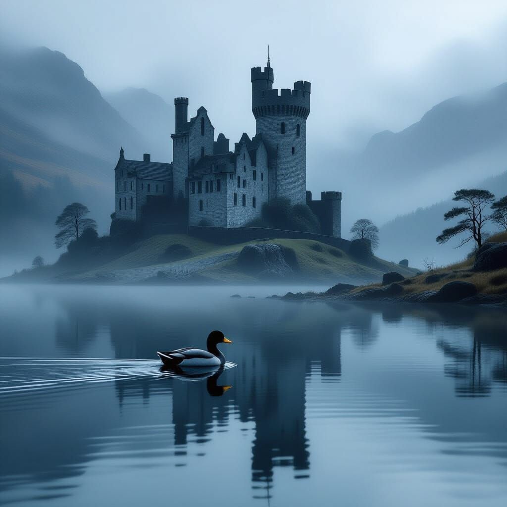 Misty Loch Reflection: Duck and Crumbling Castle