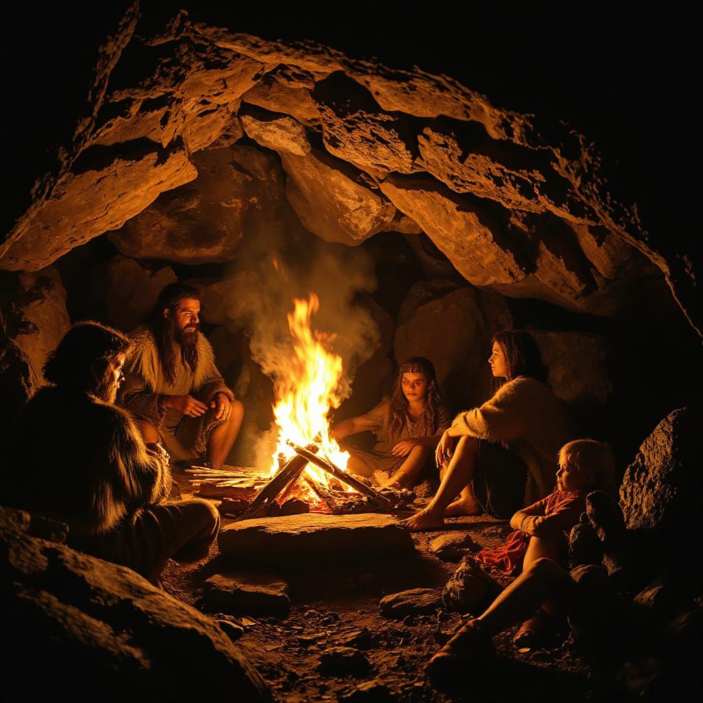 Prehistoric Family Huddles Around Cozy Cave Fire
