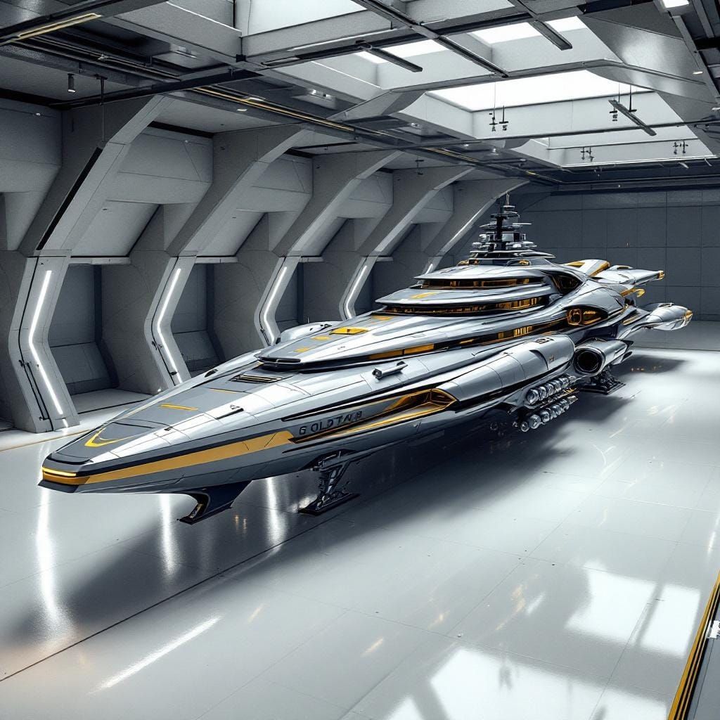 Luxurious Spacecraft in Underground Garage, Syd Mead Style