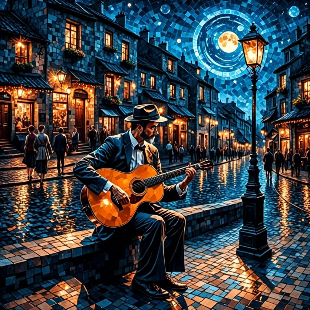 Musician Performing Under Streetlamp at Night