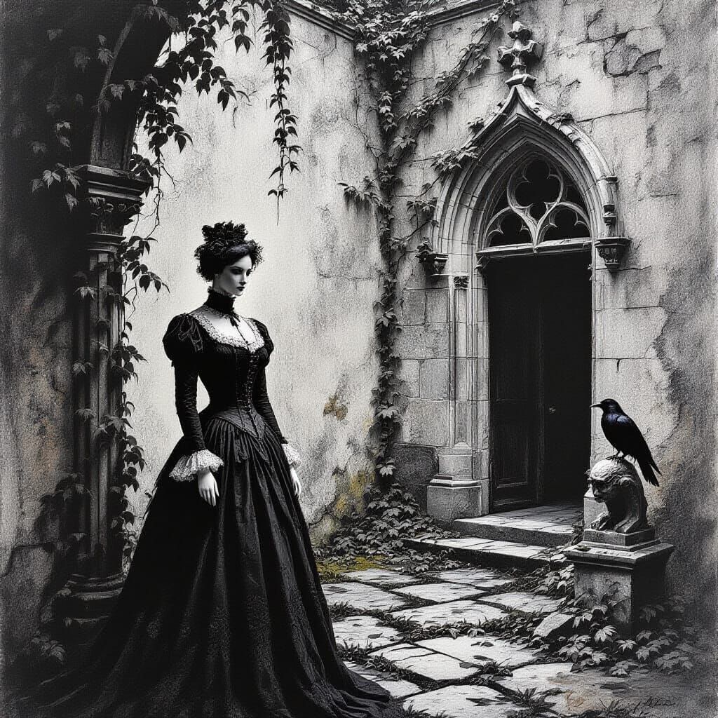 Gothic Mansion Courtyard with Mannequin and Raven