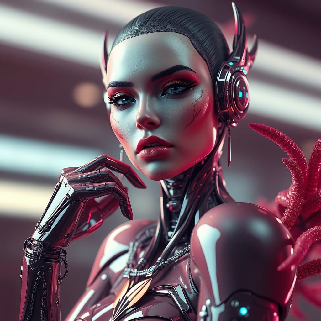 Close-up portrait. Androgynous cyborg with Grace Jones' bone...