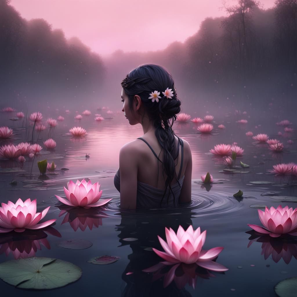 Girl in Lotus Lake: Fantasy Concept Art