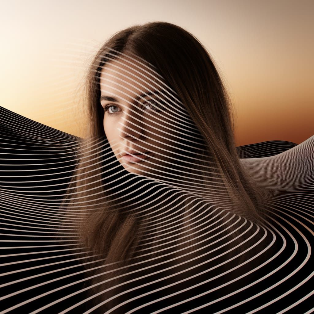 Surreal Woman Blends with Striped Landscape in Double Exposu...