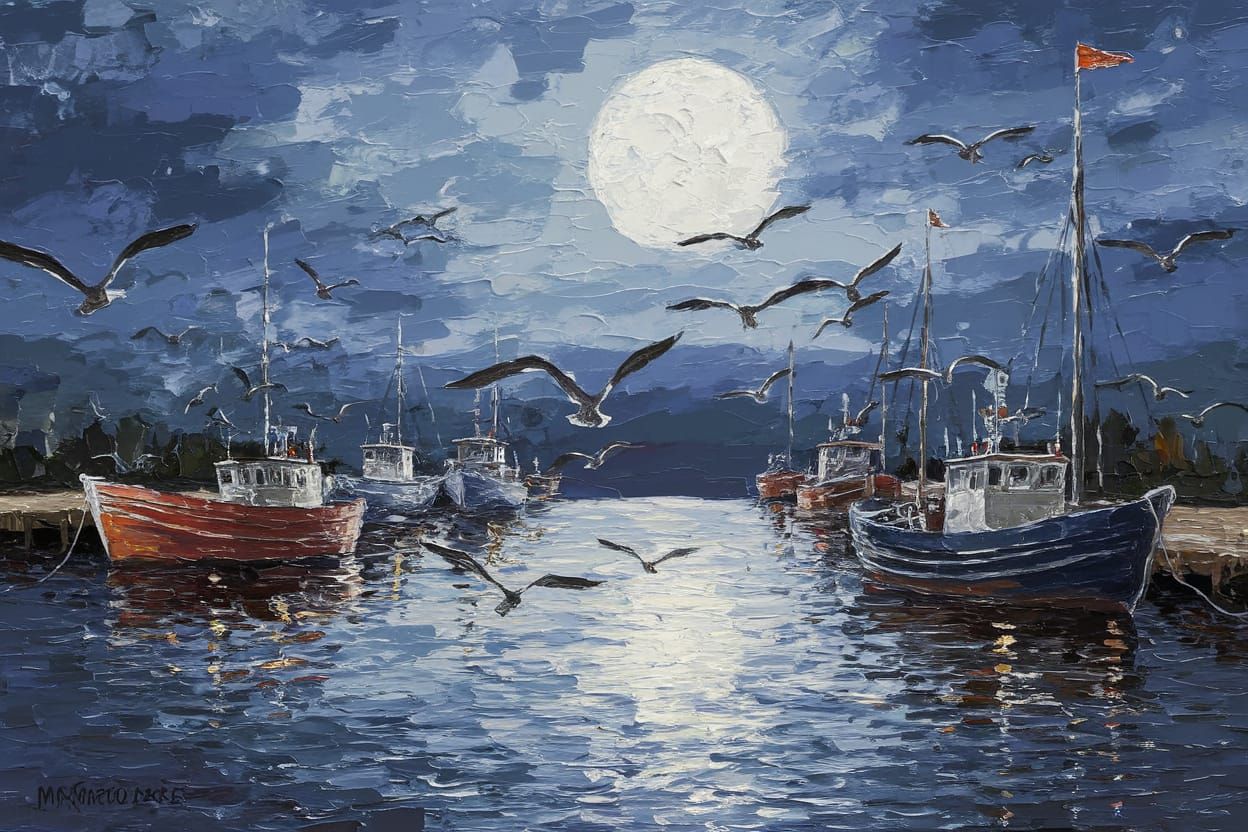 Vibrant Midnight Harbour Scene in Expressive Impasto Style