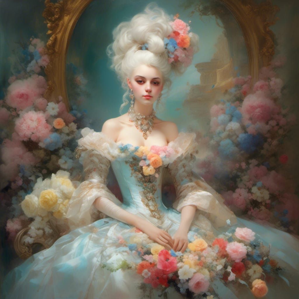Marie Antoinette with Rococo Neckline in Pastel Colors
