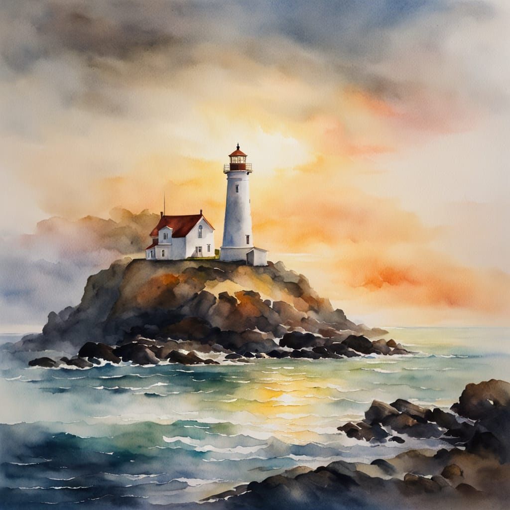 Coastal Lighthouse Scene in Soft Watercolour
