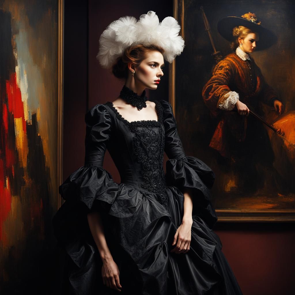 Damaged Art Gallery with Goth Model in Baroque Style