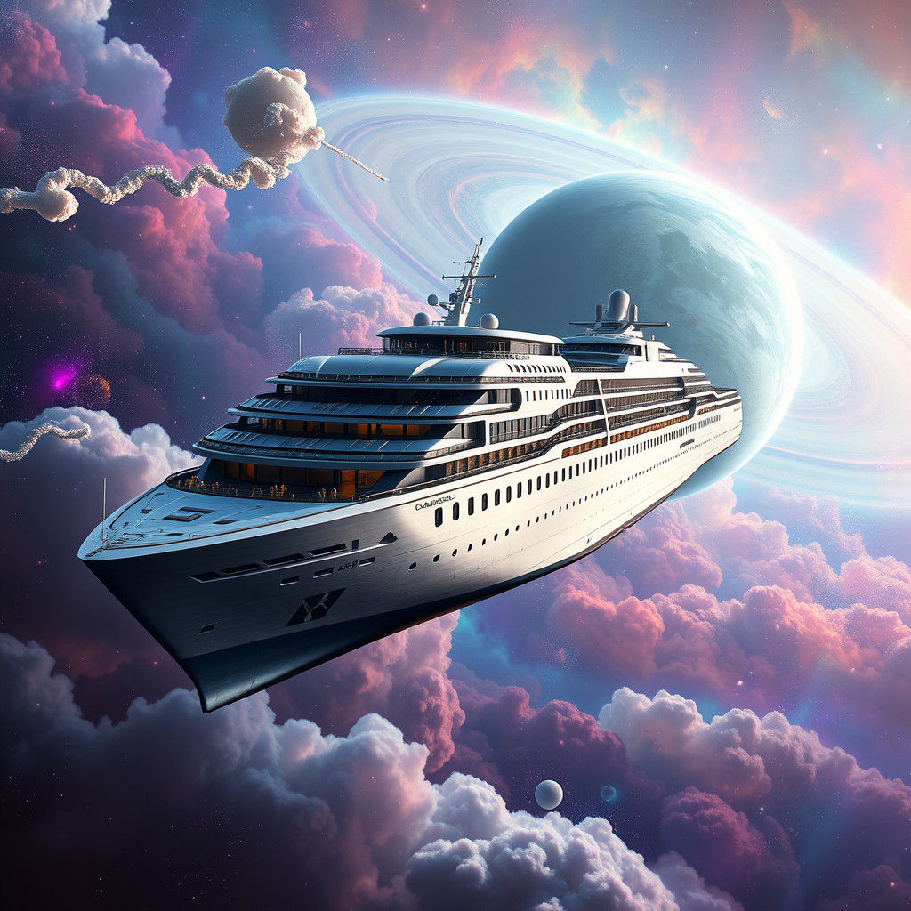 Luxury Space Cruise Liner Amidst Iridescent Nebulae