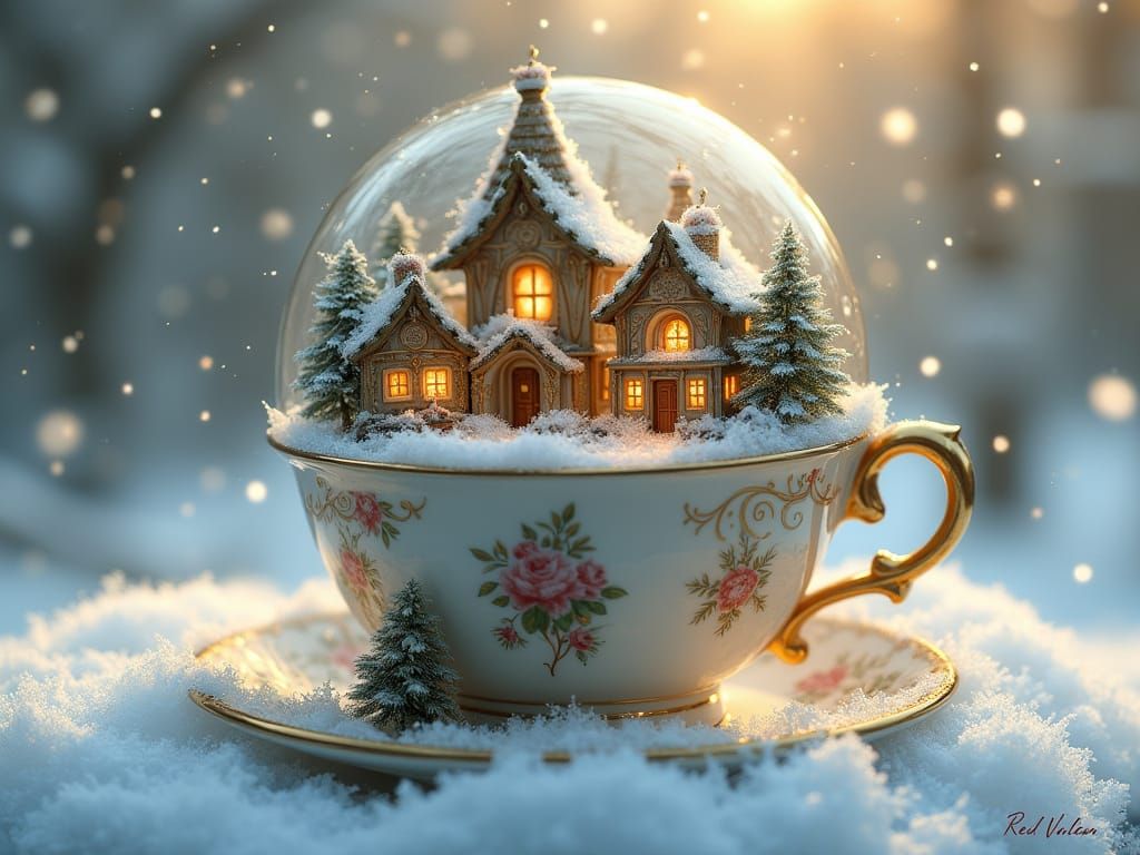 Whimsical Fairy Village in Antique Teacup Snow Scene