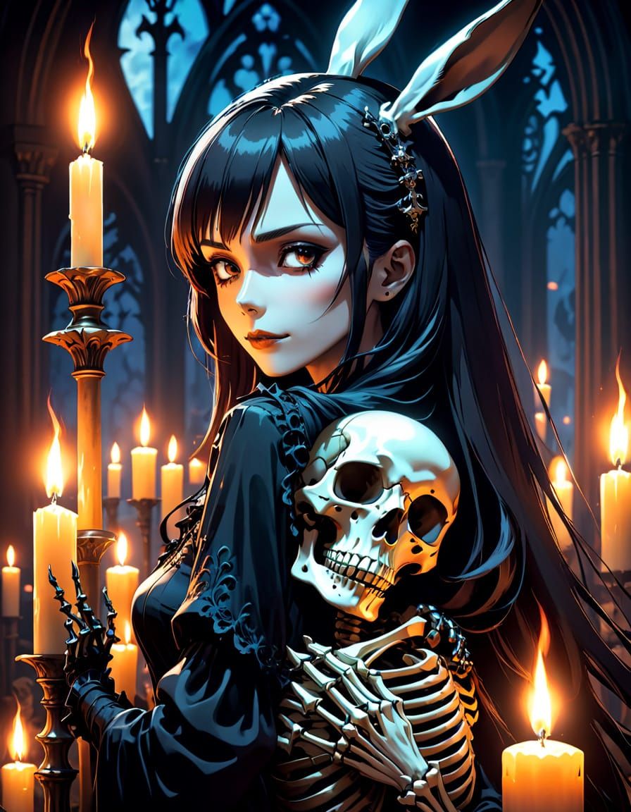 Glamorous Gothic Woman with Skeleton Companion in a Haunted ...