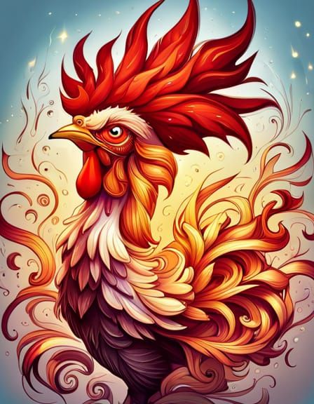 Chibi Rooster Portrait with Flaming Aura