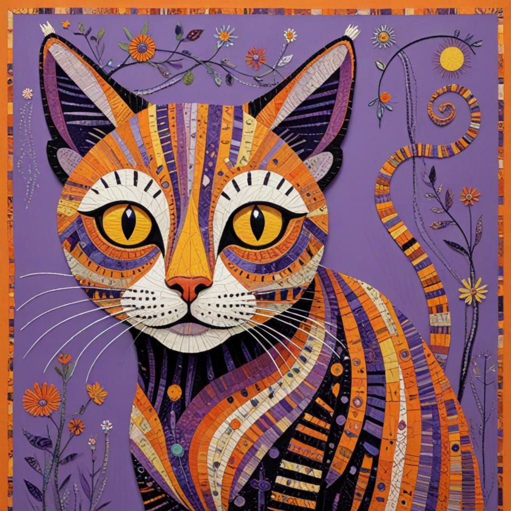 Vibrant Whimsical Feline in Textile Art