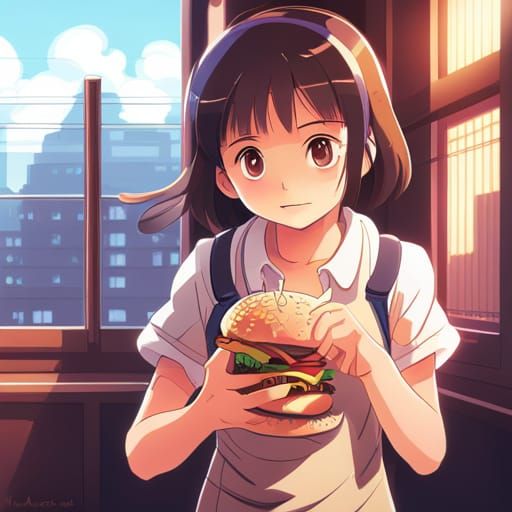 Anime Girl with Burger, Studio Ghibli Style