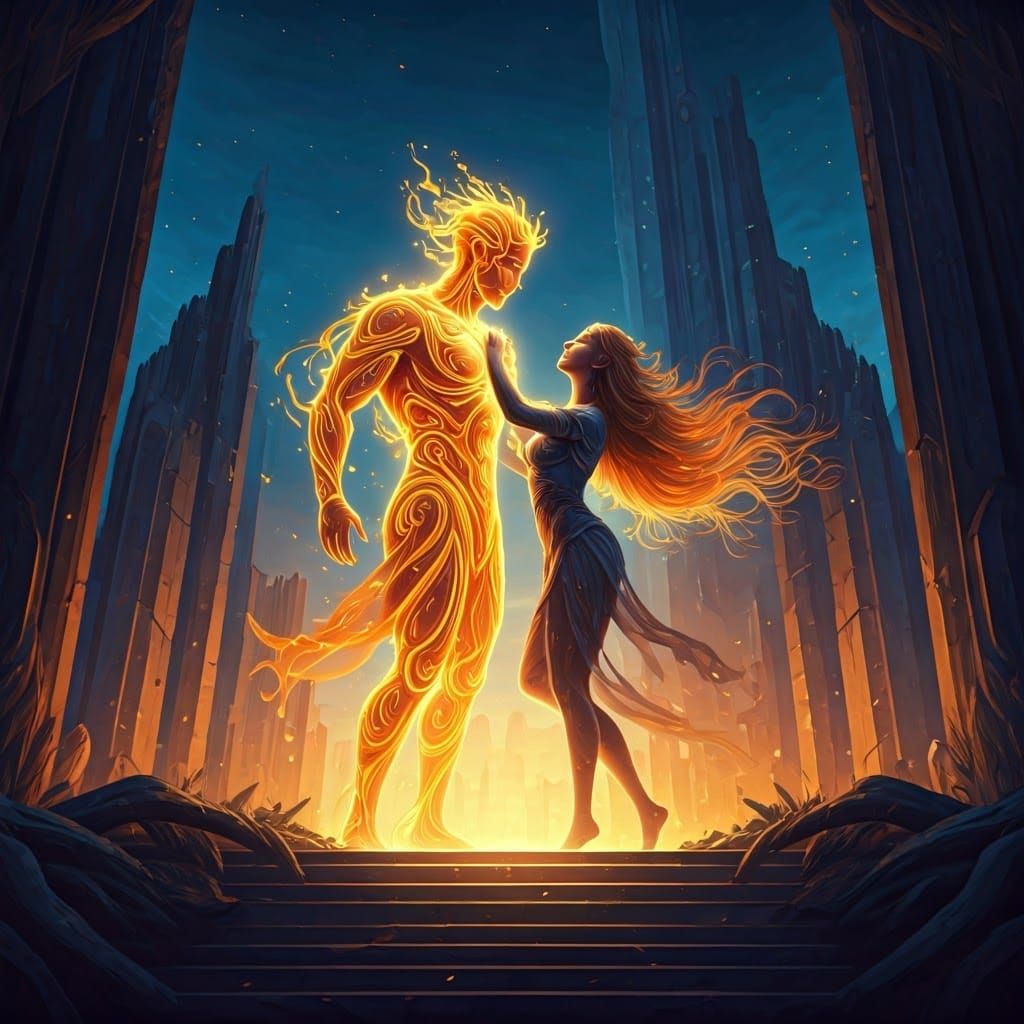 Radiant Sunlight Being Dances with Celestial Woman