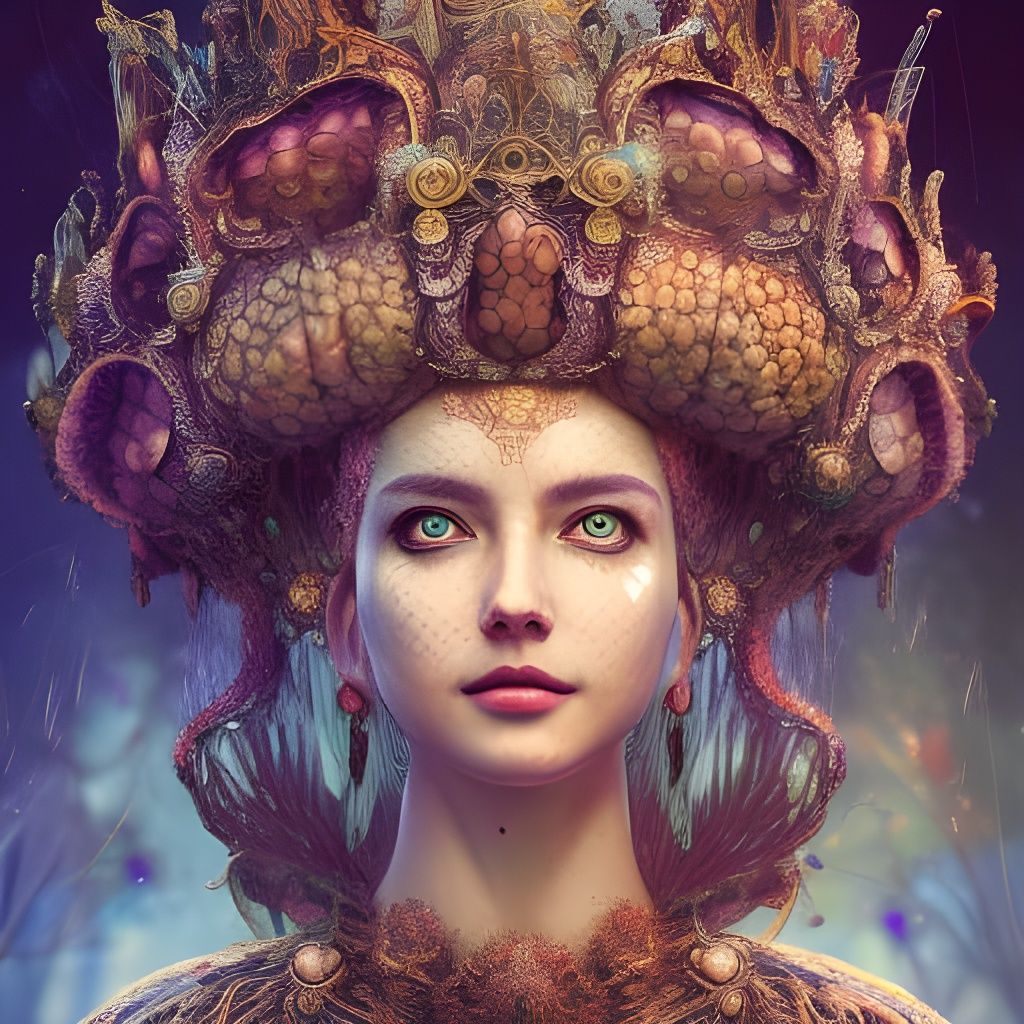 Mushroom Queen Portrait in Psychedelic Armour