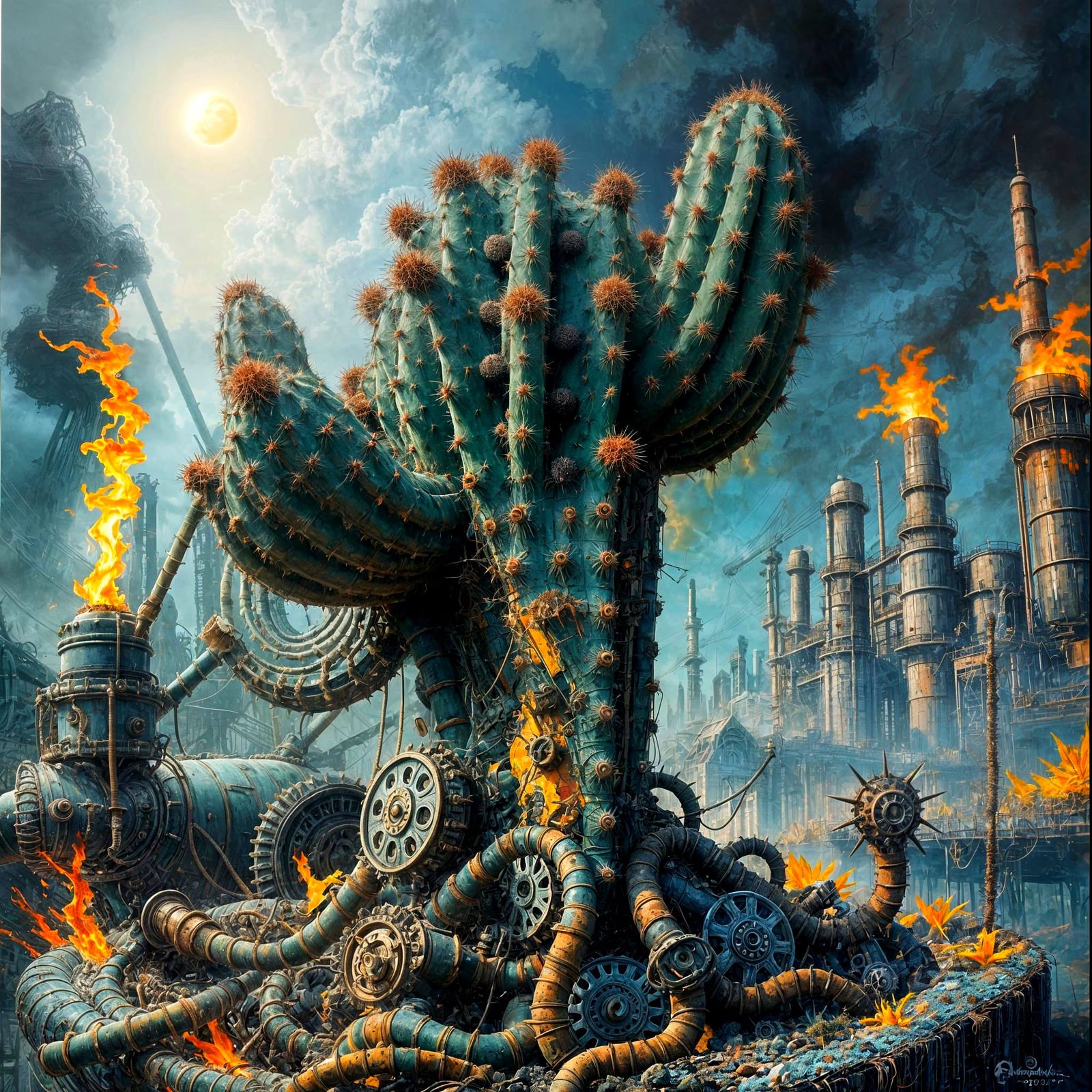 Cacti Amidst Industrial Ruin in Vibrant Oil Painting Style