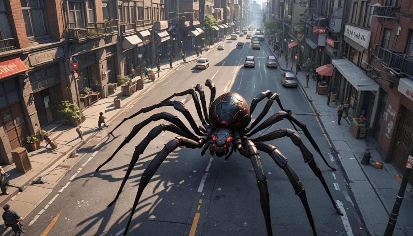 Giant Spider Crawls Through City: 3D Anime Art