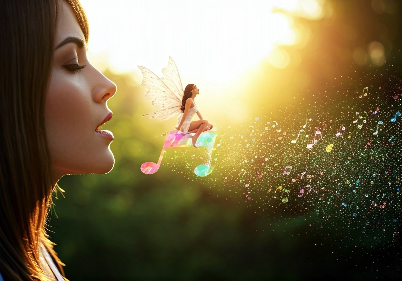 Tiny Fairy Rides Rainbow Music Note in Sunny Day Scene