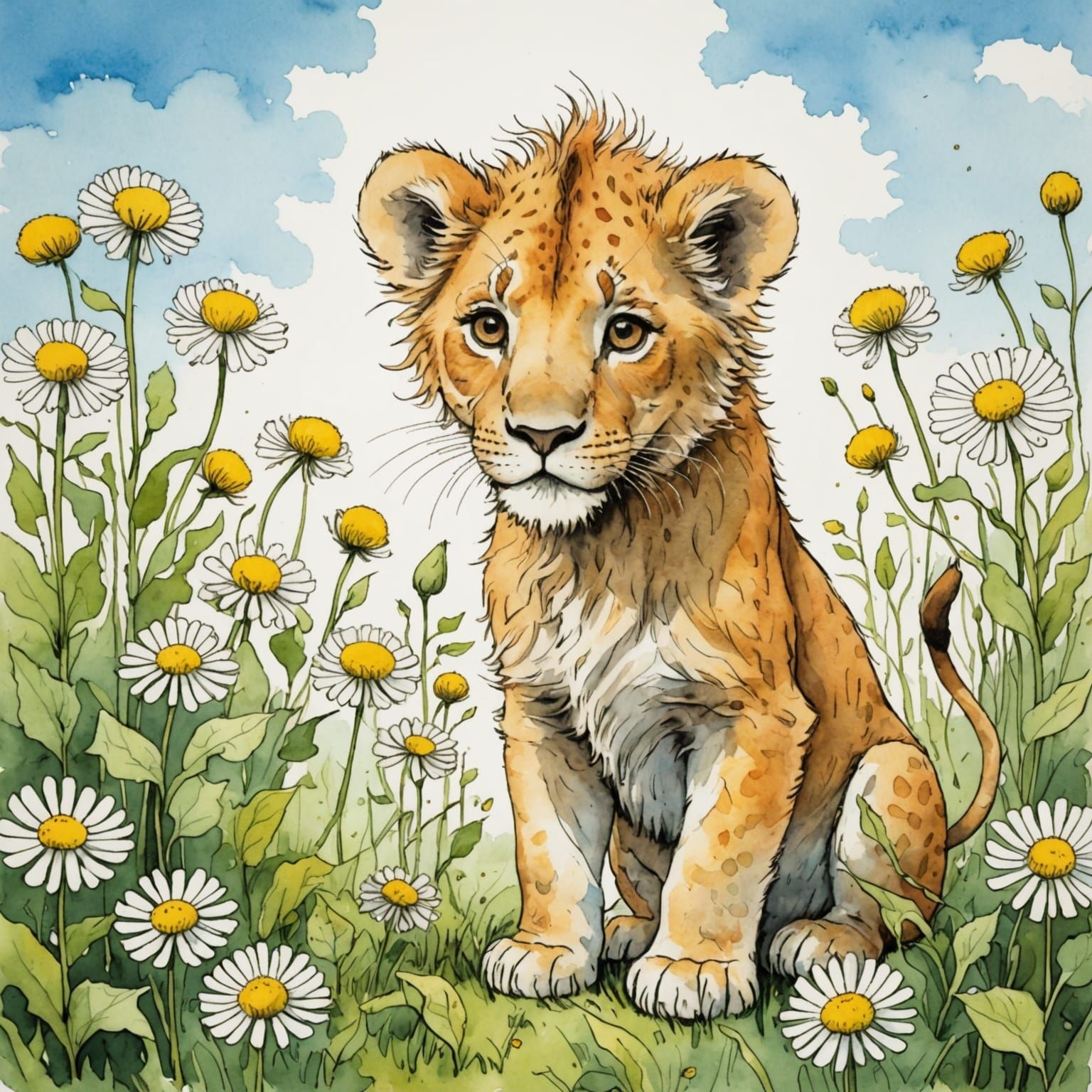 Whimsical Watercolor Lion Cub Amidst Daisies