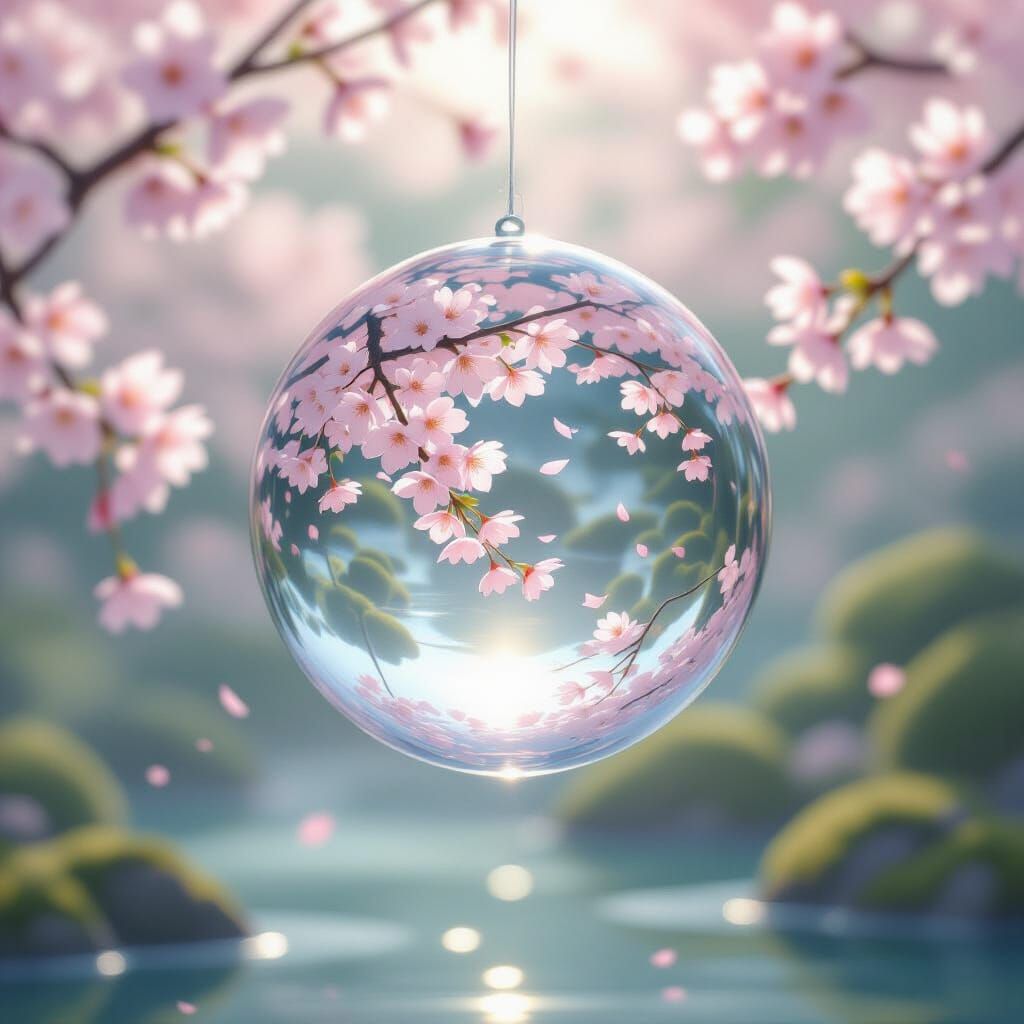 Glass Orb Reflecting Cherry Blossoms in Ethereal Light