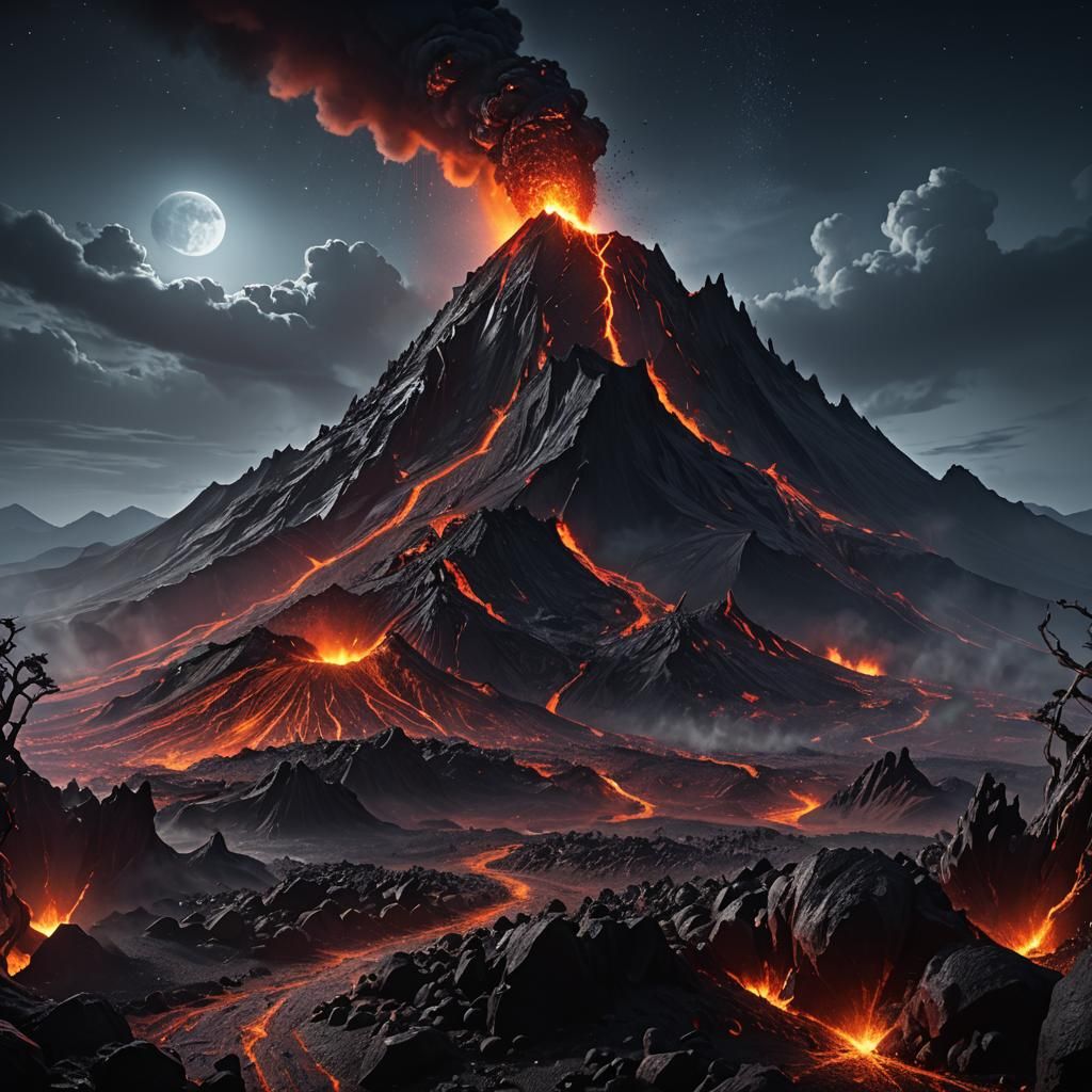 Volcano with Black Pterodactyls in Detailed Matte Painting