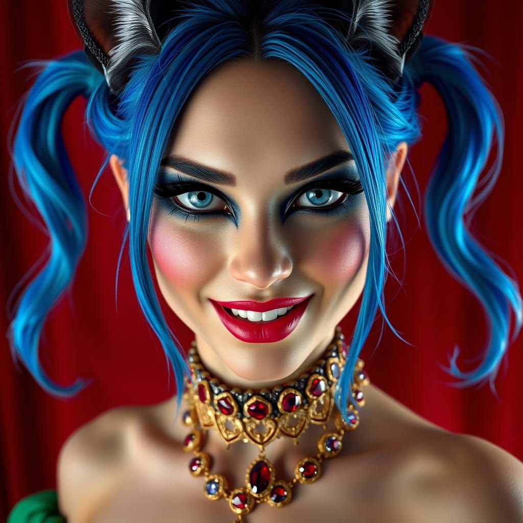 Blue Demon Cat Woman in Red Velvet Attire