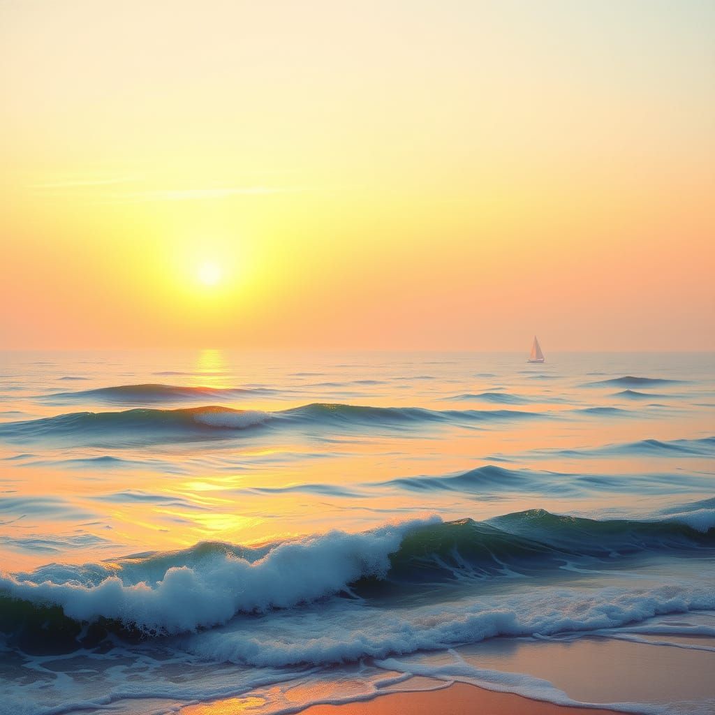 Serenely Gilded Seaside Scene in Soft Impressionist Style