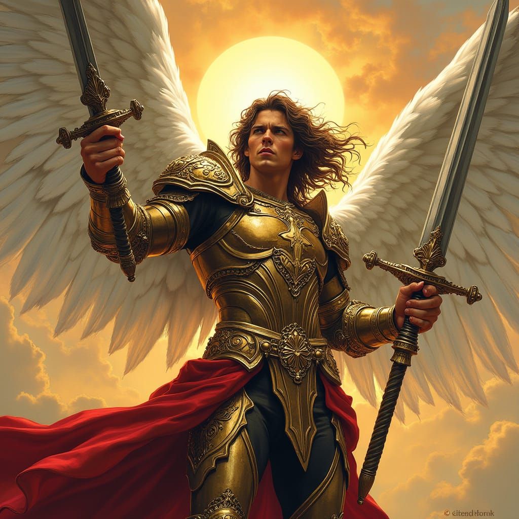 Archangel Michael with Sword and Wings in Comic Style