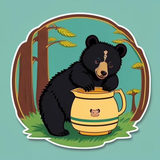 Cute Black Bear Cub with Honey Pot in Anime Style