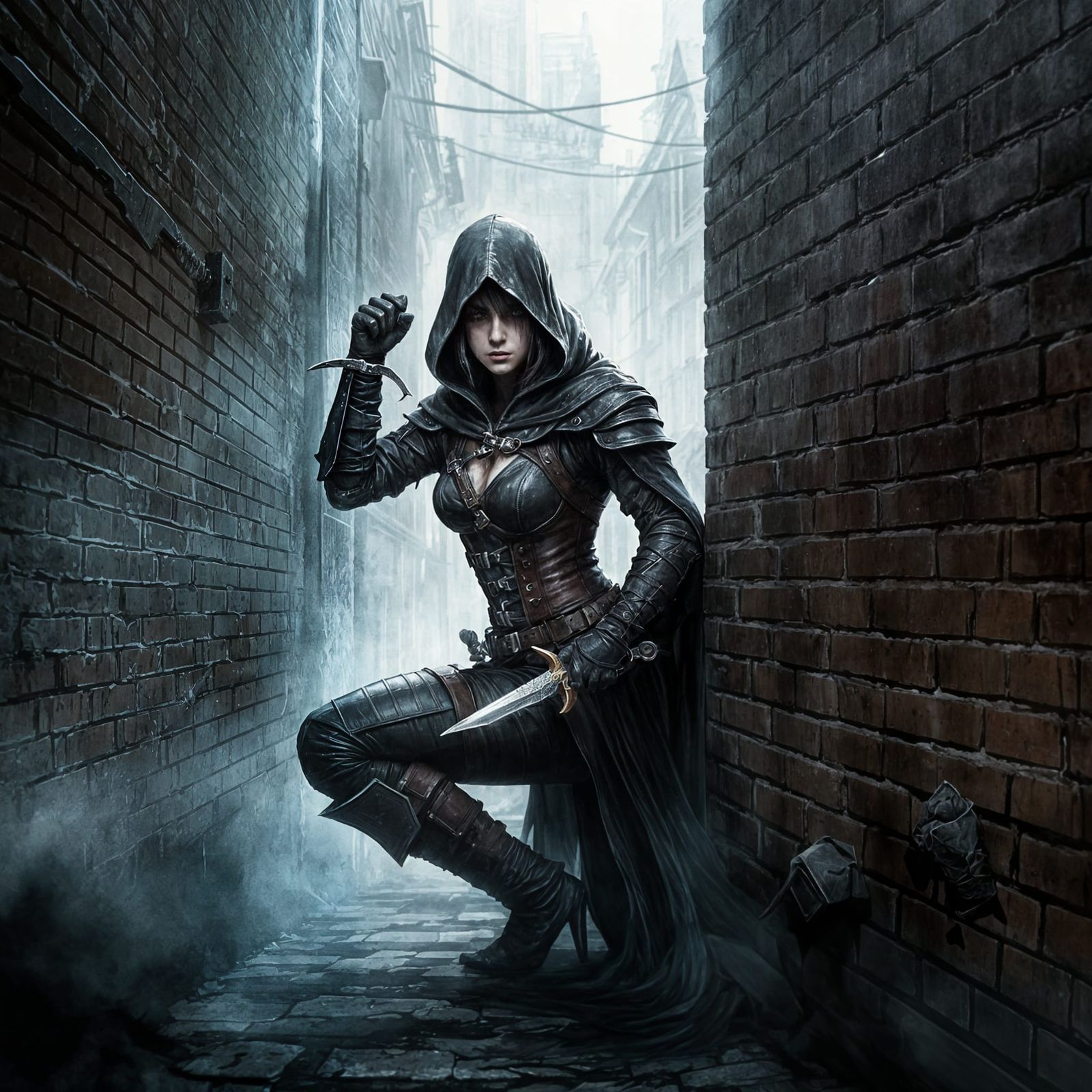 Stealthy Assassin in a Dark Alley, Ink Drawing in Modern Sty...