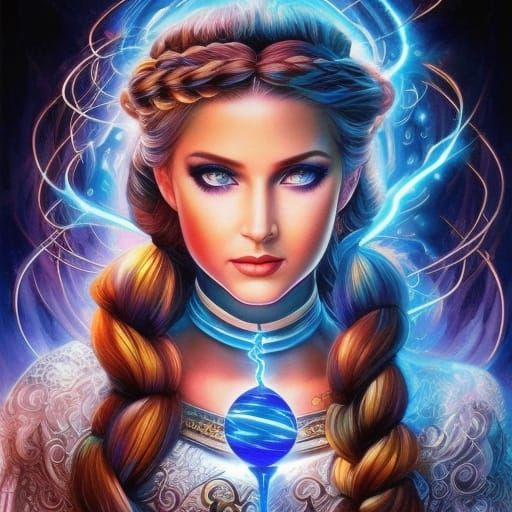 Blue-Haired Sorceress Wields Lightning in Digital Watercolor